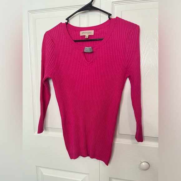 Philosophy Pink Ribbed L Silver Detail Long Sleeve Sweater Stretch - Picture 1 of 4